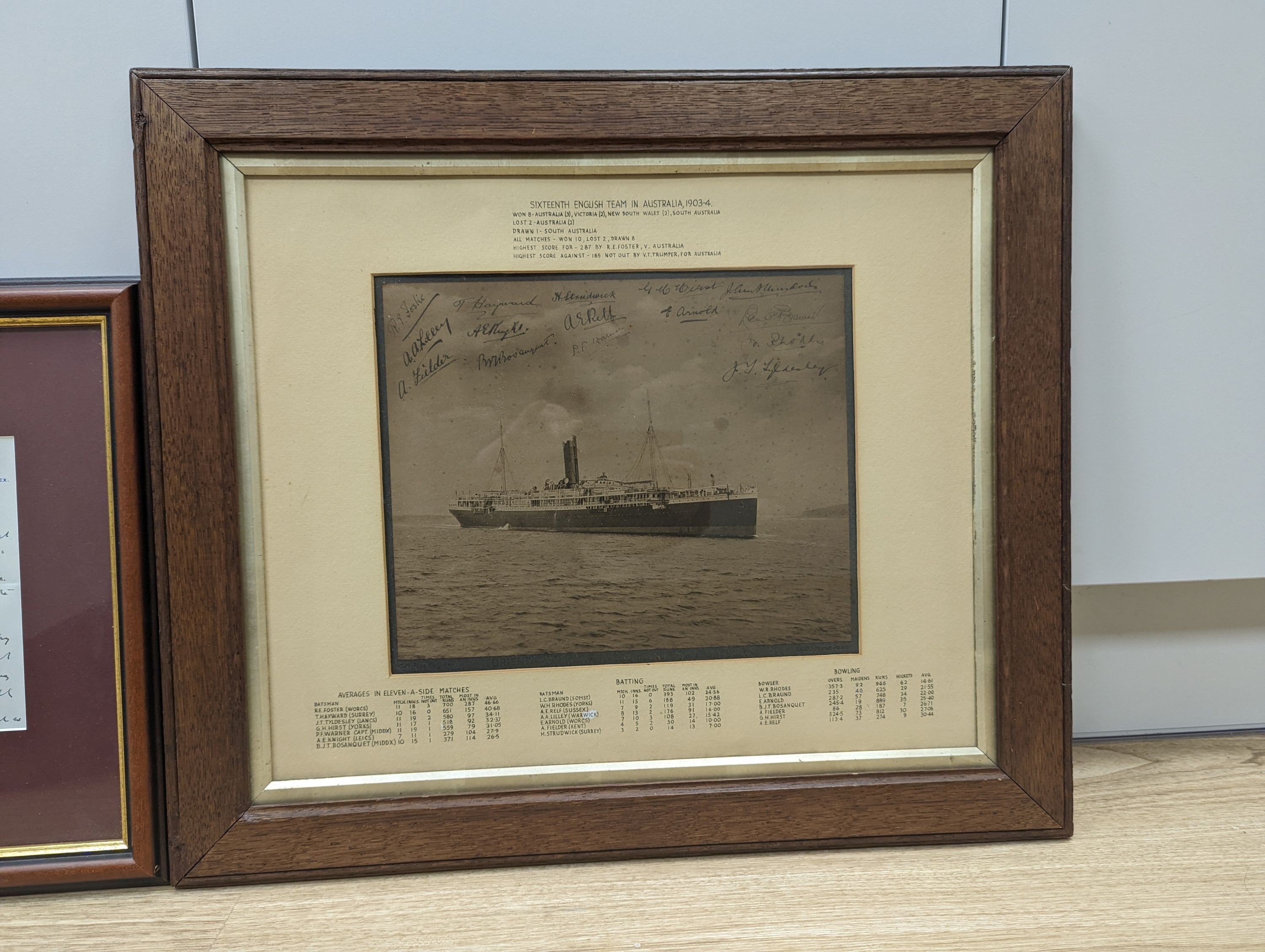 Ashes Cricket memorabilia: England Touring Australia, 1903-4, framed autographs of the England players on a photo of RMS Orontes and a framed letter written by the former captain of the Ashes tour Sir Pelham Francis ‘Plu